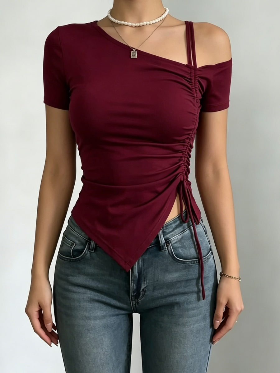 2026 Slant Collar Patchwork Drawstring Pleated High-End Fashionable Short Sleeve Women's T-Shirt, Hot Slim Fit Irregular Short Sleeve - Burgundy