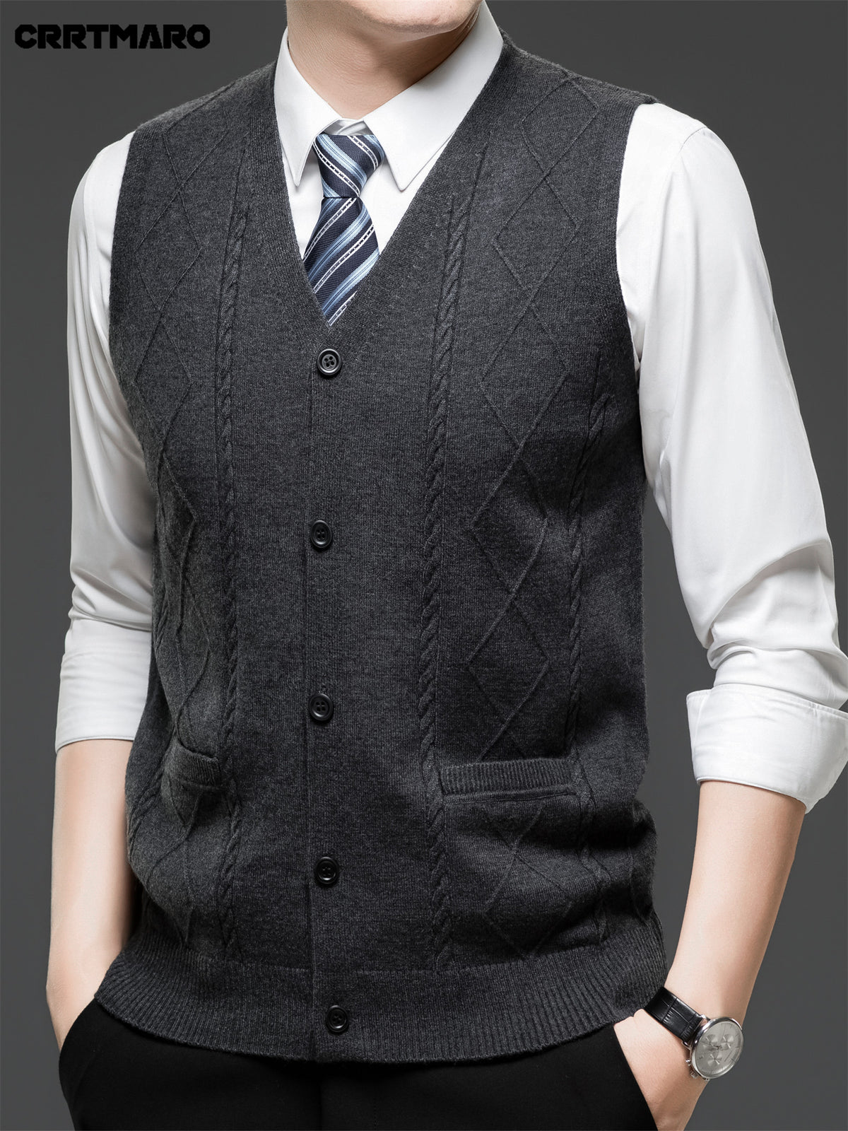 Men's Jacquard, Solid Color Knit Cardigan, Warm Casual Layering Top for Fall and Winter - Dark Gray