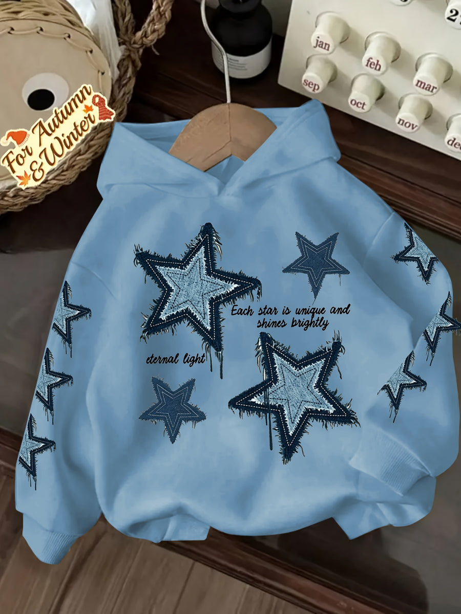 Vintage Denim Fringe Star Hooded Sweatshirt with All-Over Five-Pointed Star Print, a Versatile Casual Hoodie Top for Spring and Autumn - Light Blue