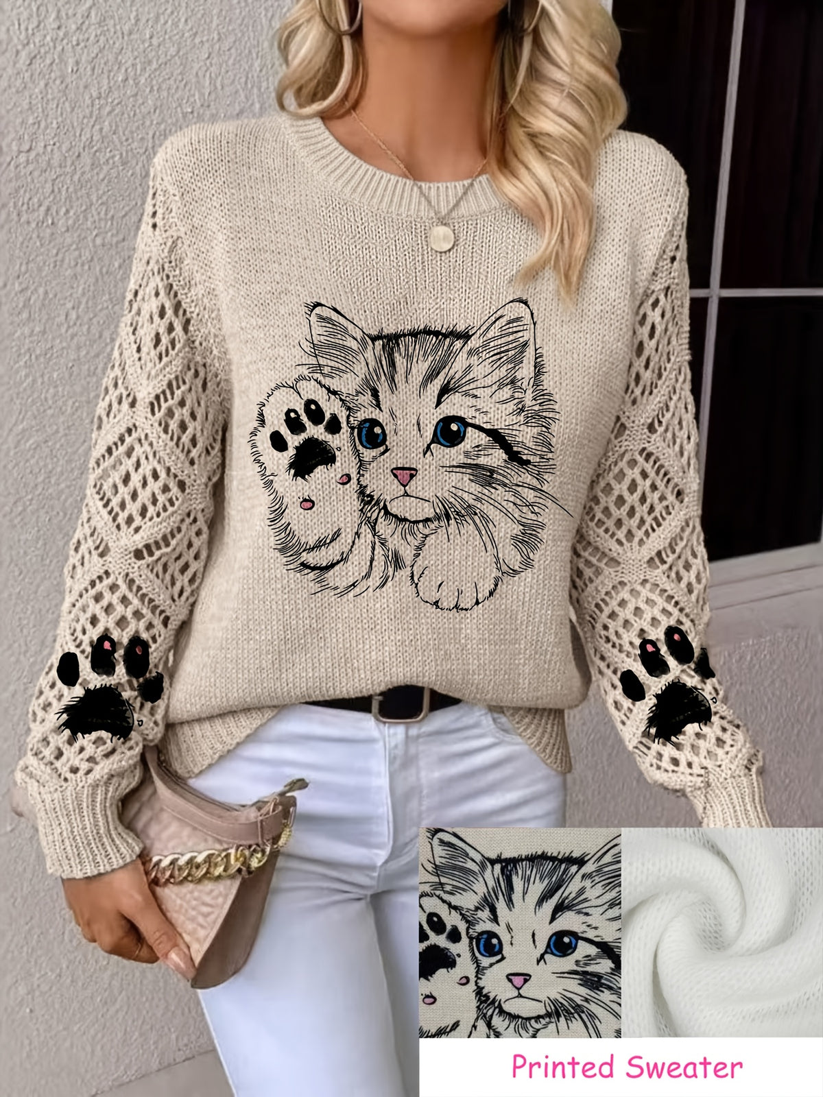 Vintage Cat Paw Print Hollow-Out Long Sleeve Round Neck Sweater, Casual Lazy Style Sweater Top. Non-shrink, Colorfast, Moderate Thickness Sweater. Suitable for All Seasons as Outerwear or Innerwear, Casual Outings, Home Office. Fashionable and - Khaki