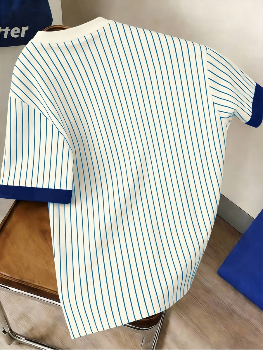 Men's Casual Striped Cuff Spliced Crew Neck Summer T-Shirt, Comfortable and Breathable [Printed Design - Not Textured] - Mix color 5