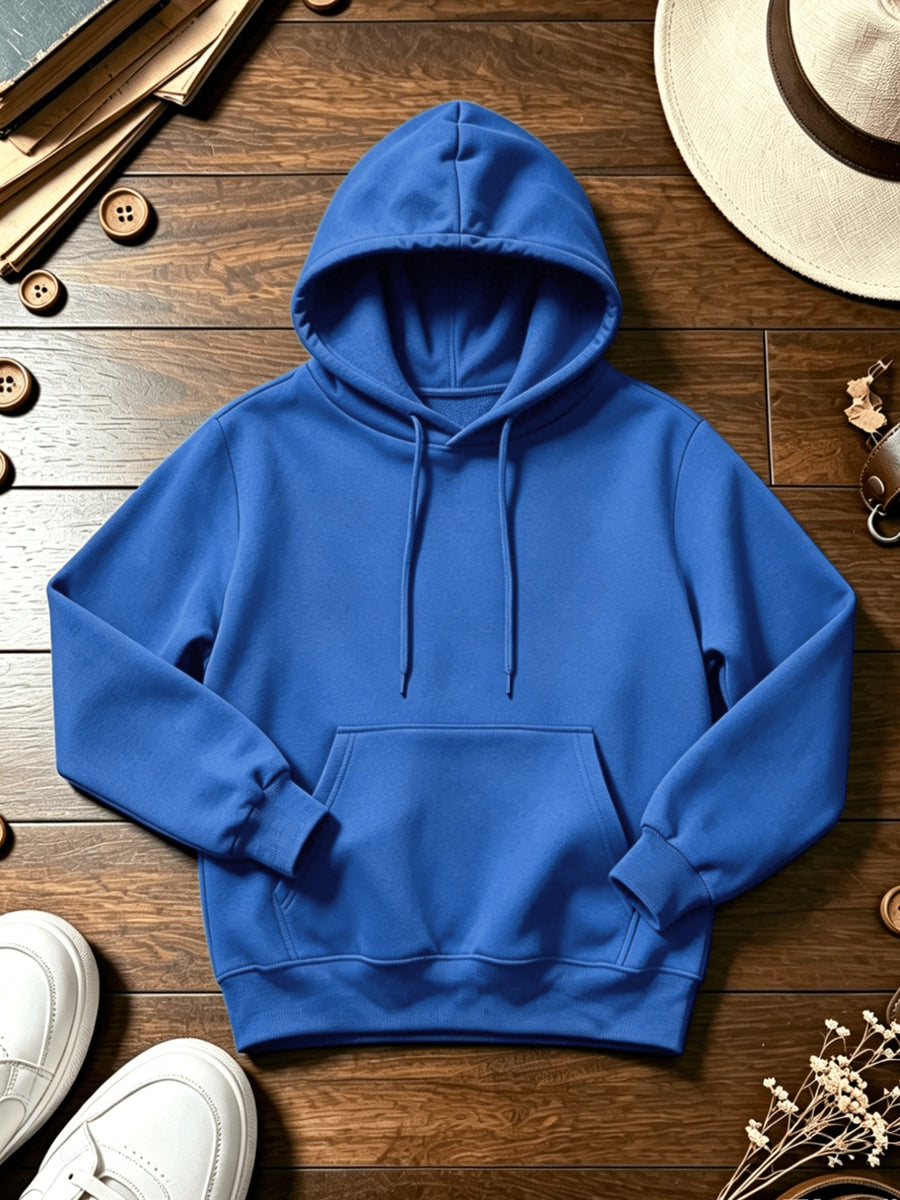 Men's Long Sleeve Hoodie, 100% Polyester Solid Color Pullover with Drawstring and Kangaroo Pocket, Adjustable Hood, Ribbed Cuffs and Hem, Regular Fit, Suitable for Casual Sports and Jogging - Spring/Fall/Winter - Blue
