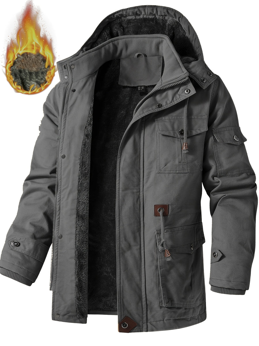 Men'S Fleece-Lined Thickened Jacket, Multi-Pocket Design, 100% Casual Outdoor Coat, Stand-Up Collar And Button Closure, Suitable for Autumn And Winter - Grey