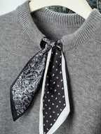 Gray Short-Sleeve Sweater with Scarf Bow Tie Collar - Round Neck Blouse-Compatible Suitable for Layering or Outerwear, Medium Stretch - Sweater for Commuting, Office & Casual Wear, Hand Washable Solid Color - Grey