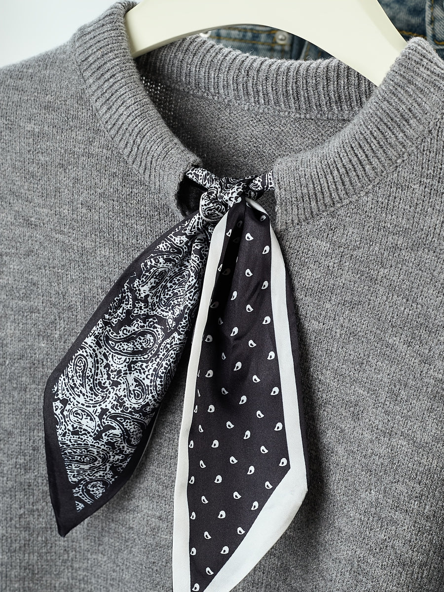 Gray Short-Sleeve Sweater with Scarf Bow Tie Collar - Round Neck Blouse-Compatible Suitable for Layering or Outerwear, Medium Stretch - Sweater for Commuting, Office & Casual Wear, Hand Washable Solid Color - Grey
