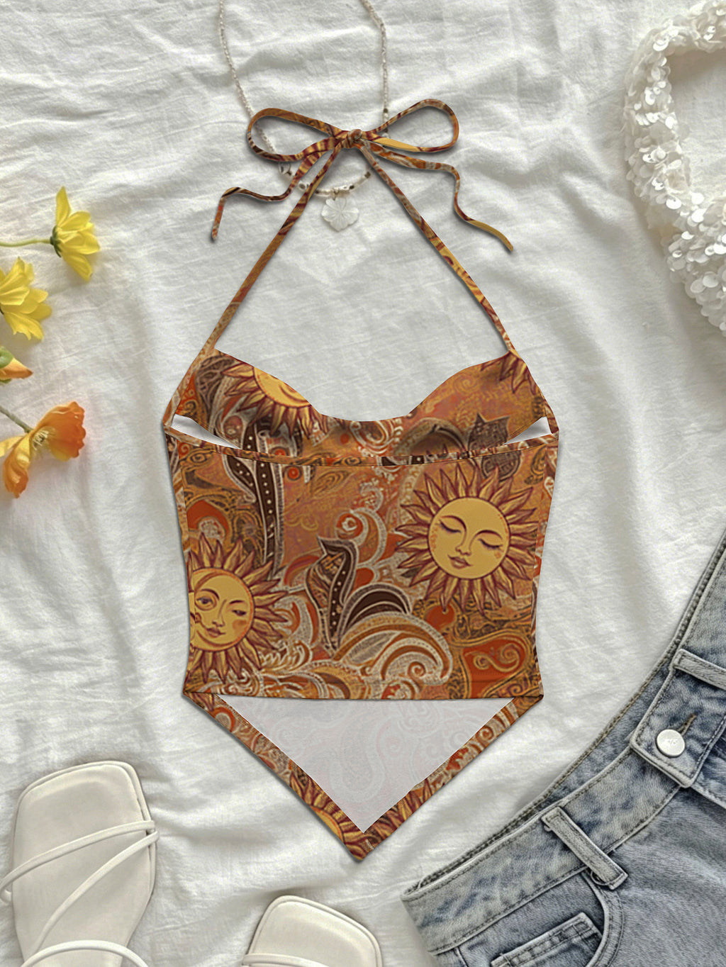 Women Summer New Arrival Hot Boho Casual Beach Vacation Daily Wear Allover Floral Print Sweetheart Neck Halter Tie Crop Top - Light Brown-1