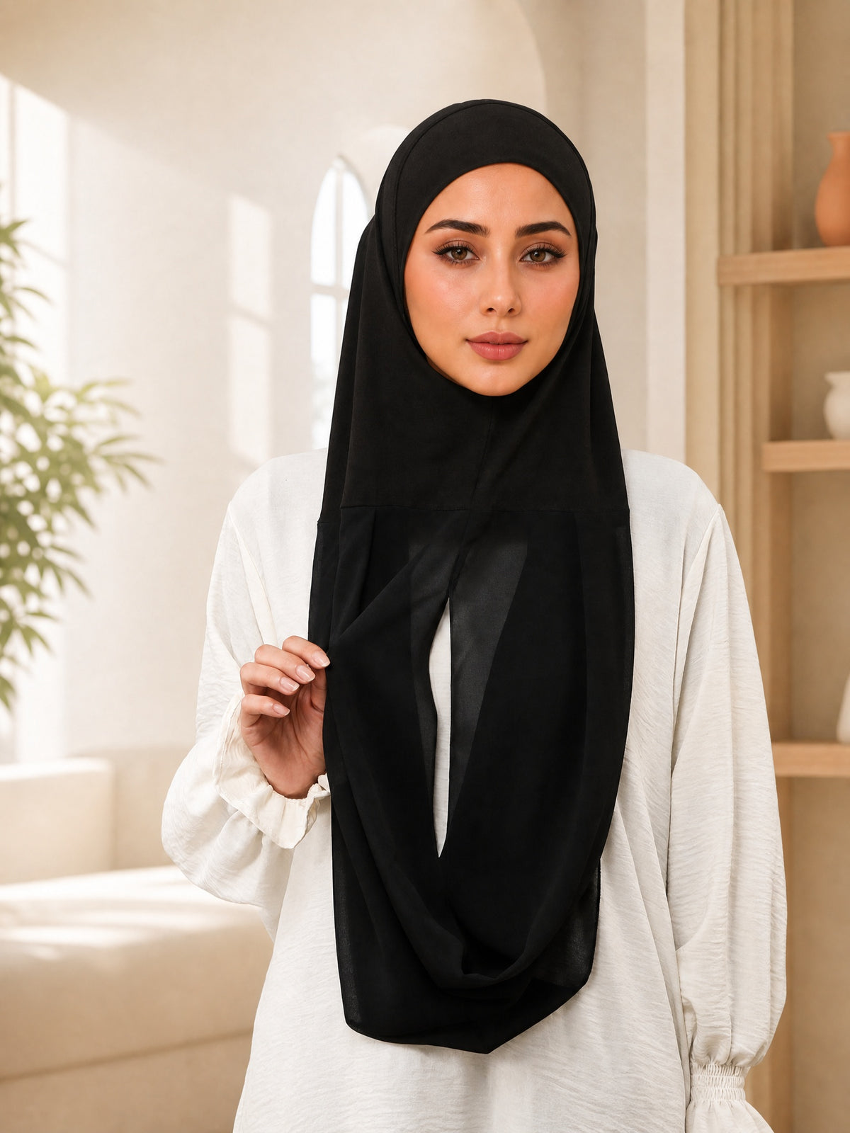 2pcs Muslim: A Double-layered, Pull-on Style Headscarf Featuring a Convenient 1pc Design That Combines an Inner Cap with a Chiffon Overlay. Suitable for Daily Wear, Travel, Ramadan, Prayer, and Modest Everyday Outfits. - Black+Coffee