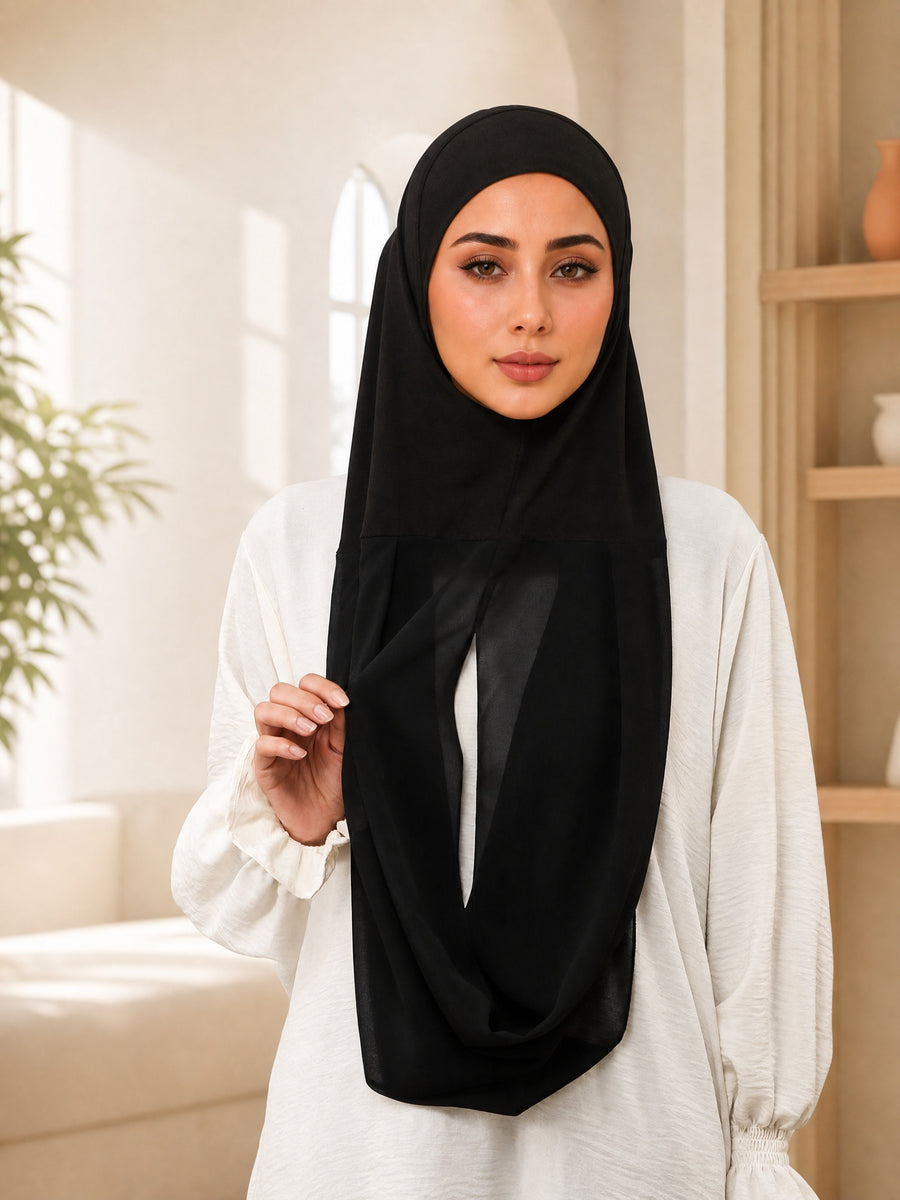 2pcs Muslim: A Double-layered, Pull-on Style Headscarf Featuring a Convenient 1pc Design That Combines an Inner Cap with a Chiffon Overlay. Suitable for Daily Wear, Travel, Ramadan, Prayer, and Modest Everyday Outfits. - Black+Coffee