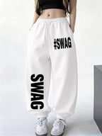 Spring/Winter New Women's Jogger Pants with Cuffed Hem, White Printed Casual Trousers. Made of Easy-care, Soft, and Warm Fabric, Machine Washable. Features Letter Print for Home Wear, Suitable for Travel, Home, and Outdoor Outings. Solid Color - White