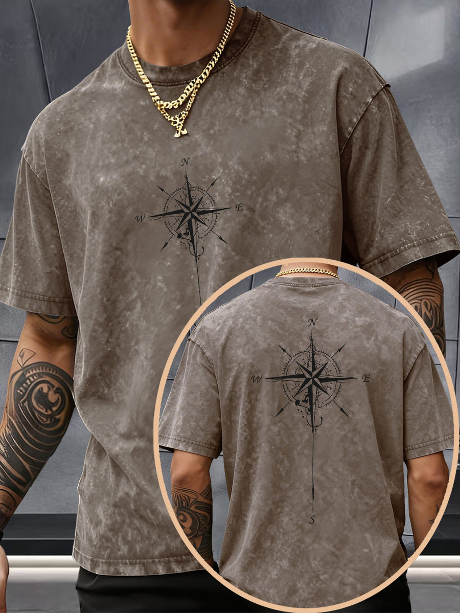 Men's Washed Distressed Pure Cotton Loose Fit Drop Shoulder T-Shirt with Vintage Compass and Anchor Line Graphic Print on Front and Back, Versatile American Streetwear High Street Hip-Hop Style, Couple's Matching Outfit for Streetwear, Daily Outings - Brown