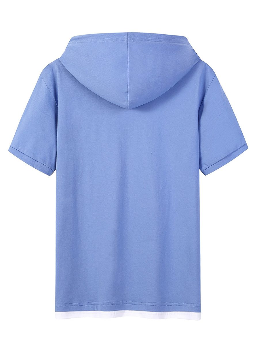 Men'S Casual Drawstring Hooded T-Shirt for Summer, Featuring a Faux Two-Piece Hem Design, Made from Soft, Sweat-Absorbing Fabric, Ideal for Outdoor Leisure Activities And Sports, Sweat-Resistant - Sky Blue