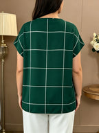Large Plaid V-Neck Batwing Sleeve Short-Sleeved Chiffon Shirt, Minimalist Commuter Style Shirt, Versatile Temperament Top, Minimalist Commuter Style, French Relaxed Style - Green Grid
