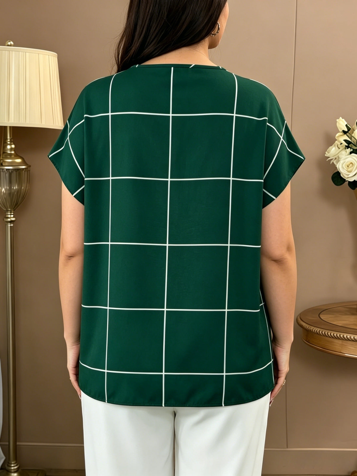 Large Plaid V-Neck Batwing Sleeve Short-Sleeved Chiffon Shirt, Minimalist Commuter Style Shirt, Versatile Temperament Top, Minimalist Commuter Style, French Relaxed Style - Green Grid
