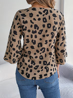 Spring and Summer Vacation Leopard Print Mid-Sleeve Tie-Bow Top - Khaki