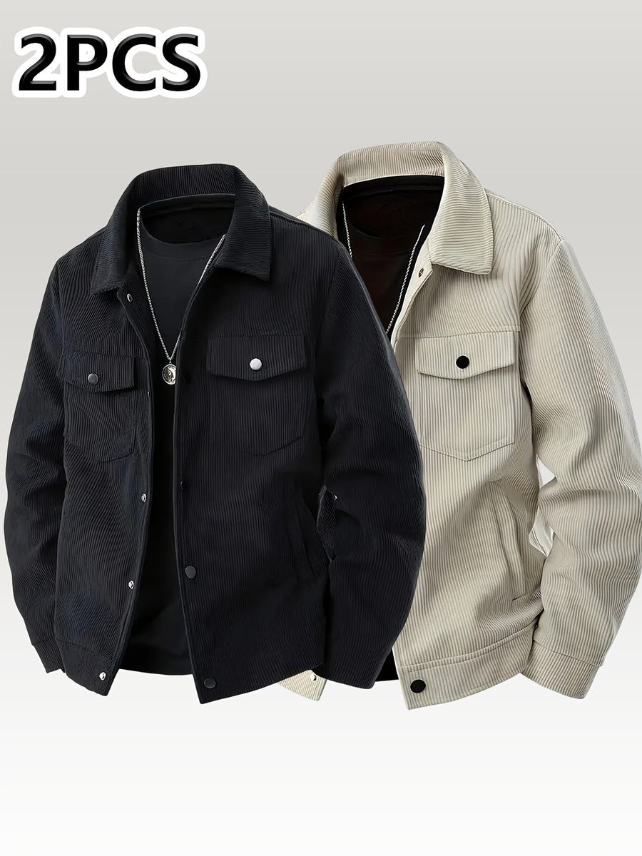 [Pearson OBM] Autumn Winter Men'S Corduroy Solid Color Casual Fashion Multi-Pocket Button-Up Jacket 2pcs Set - Black + Khaki