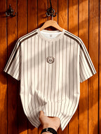 Men's Summer Casual Striped T-Shirt with Contrast Shoulder Stripes & Wheat Ear Shield Print - Breathable Crew Neck Short Sleeve Top, Suitable for Warm Weather, Machine Washable.com-compatible - Apricot