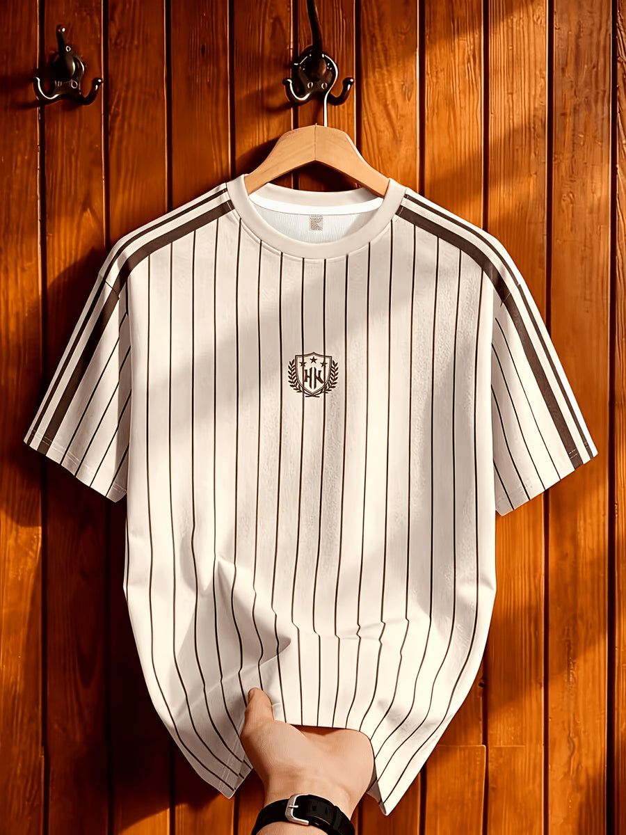 Men's Summer Casual Striped T-Shirt with Contrast Shoulder Stripes & Wheat Ear Shield Print - Breathable Crew Neck Short Sleeve Top, Suitable for Warm Weather, Machine Washable.com-compatible - Apricot