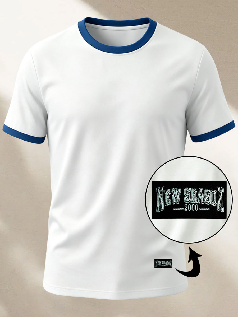 100% Cotton Men's Knitted Color-Block Crew Neck Patched T-Shirt, Summer All-Season Base Layer, Factory-Made for Men, Comfortable, High Quality, High Fit Rate, Casual Sportswear with Contrast Hem and Patch Appliqué - White with Blue ZZ020