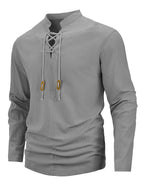 Men's Retro Linen Henley Shirt - Adjustable -Neck Collar & Drawstring Neckline, Lightweight Breathable Suitable for Beach Vacations, Resort Travel, Outdoor Leisure, Casual Pullover Top with Hem, Machine Washable Loose Fit - Grey