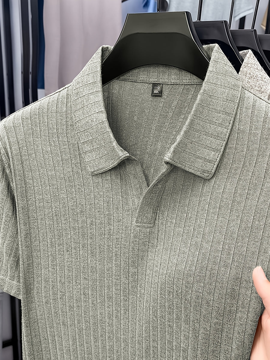 Old Money Aesthetic Vertical Ribbed Polo Sweater, Solid Color No-Button V-Neck Design, Commute Business/Casual Gathering Multi-Scene Short Sleeve Top, Light Athletic Non-Pick Body Men'S Top, Knit - Light Green