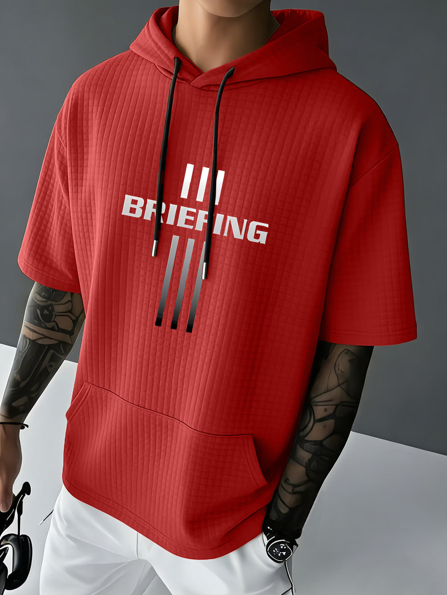 BRIEFING Men's Waffle Knit Short Sleeve Hoodie Top, Comfortable Printed Drawstring Sweatshirt T-Shirt with Pocket, Summer Casual Fashion Men's Apparel, Suitable for Outings and Home Wear, Suitable for Daily and Formal Wear, Simple Summer Fashion - Red