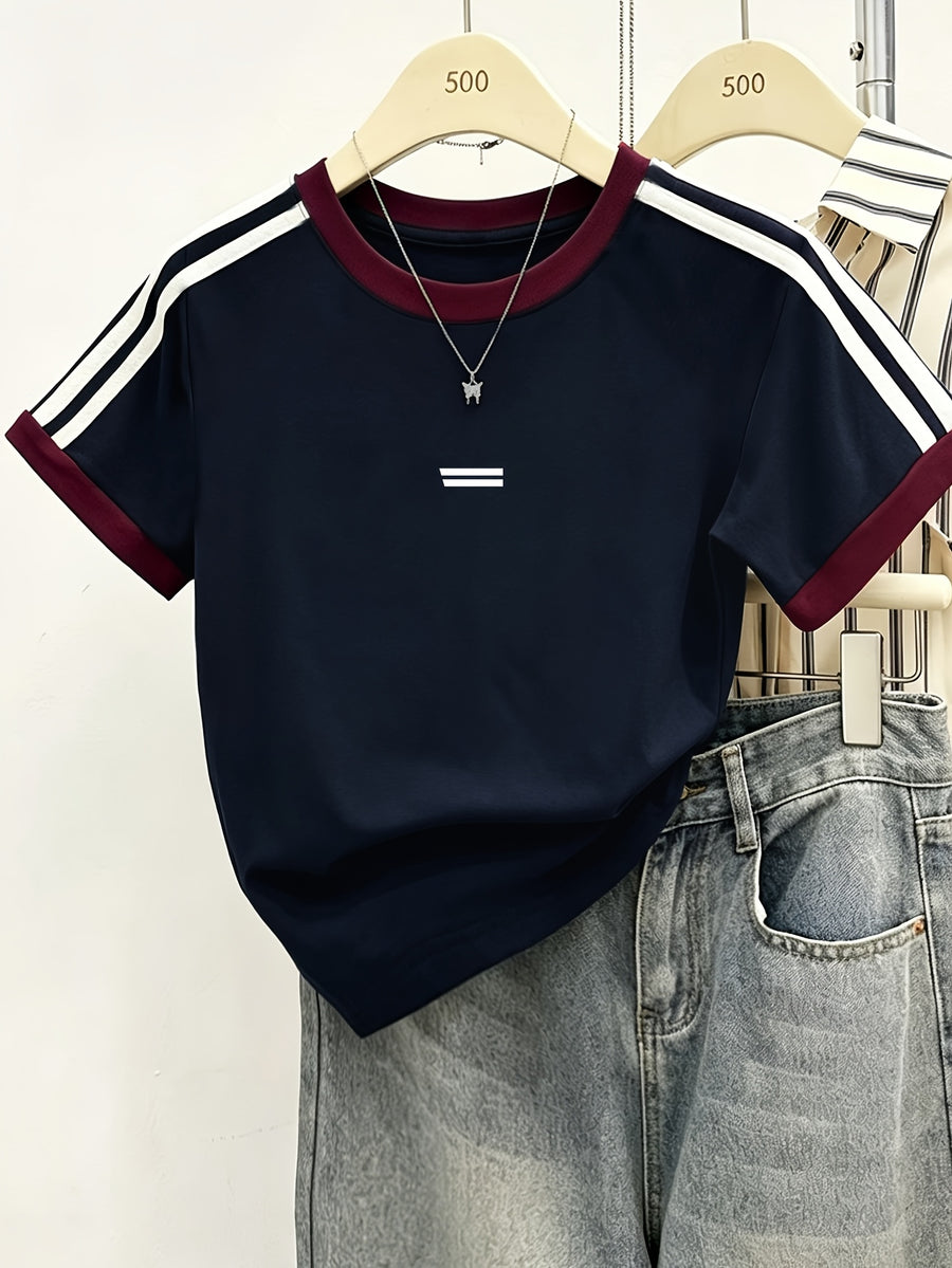 Women's Regular Shoulder-to-shoulder Fit, Round Neck, Color-blocked, Slim-fit, Simple Line Pattern Print, Trendy Niche, Casual, Minimalist, Y Short-sleeve T-shirt Top - Navy Color