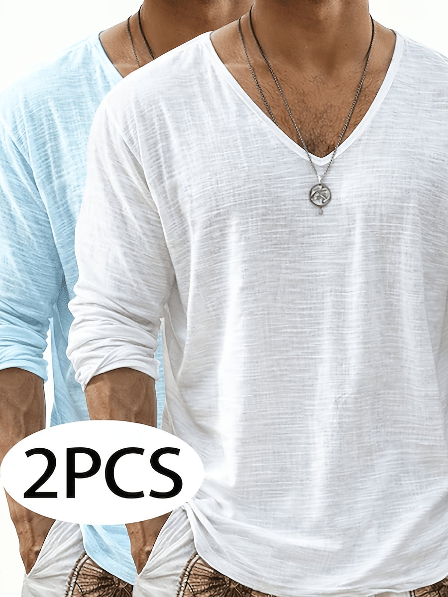 2pcs Set of Solid Color Casual Long Sleeve T-Shirts, Men'S V-Neck Breathable Versatile Top - White+blue