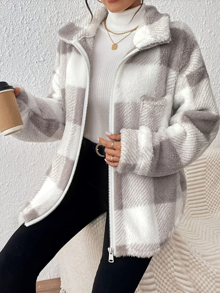Women's Plush Faux Teddy Jacket - Elegant Collar Plaid Coat with Pockets, Gray & White Contrast Suitable for Fall/Winter, Warm Blazer for Casual Outerwear, Machine Washable Teddy Coat - Beige Gray
