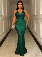 New Fashion Sequin Patchwork Women's Long Dress, Gorgeous and Elegant Ball Gown, Slim-Fit High-Waist Women's Long Dress, Off-Shoulder and Backless Evening Gown for Birthday Parties, Anniversaries, Concerts, Travel Photoshoots, Christmas Dress - Dark Green