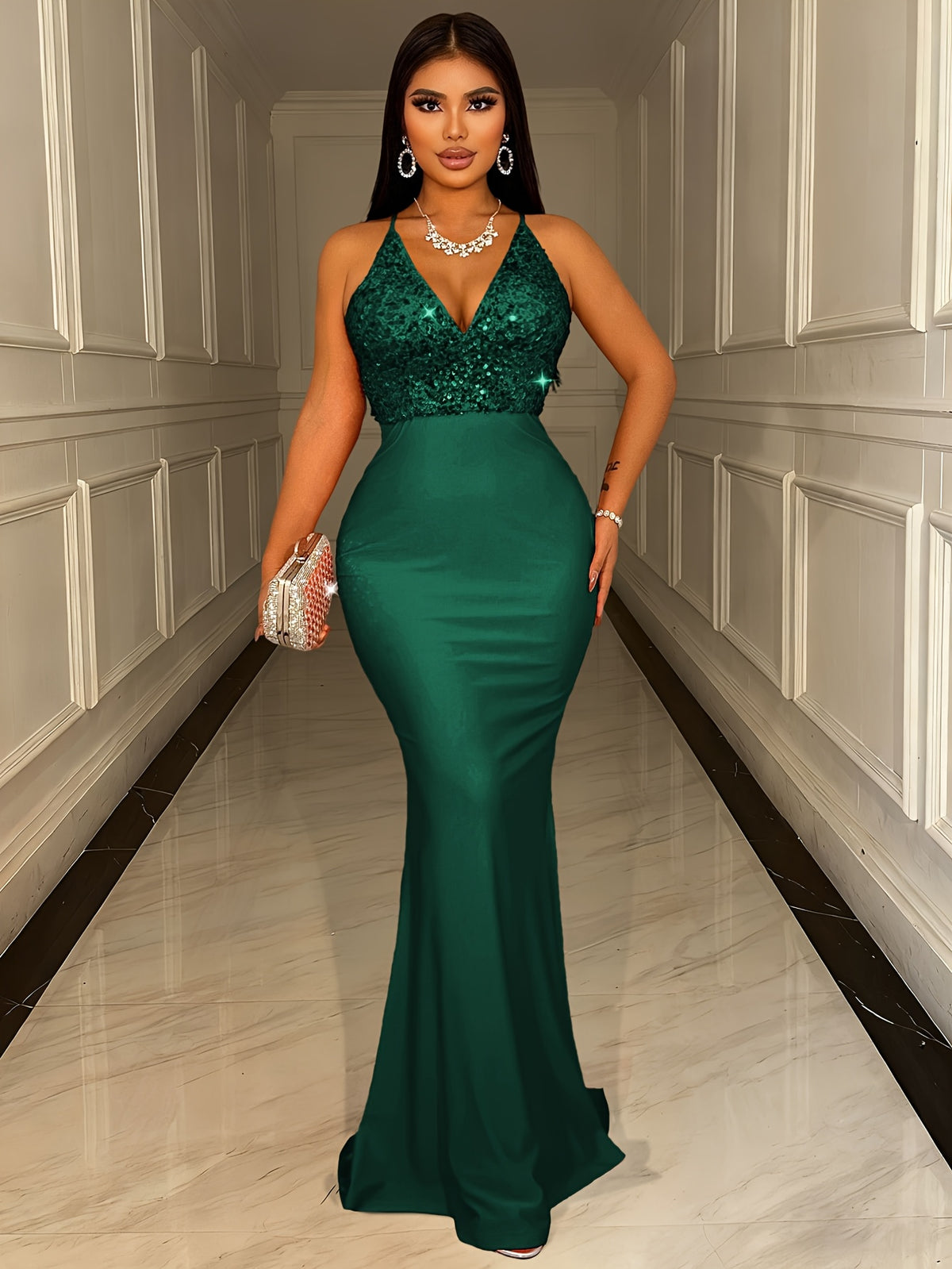 New Fashion Sequin Patchwork Women's Long Dress, Gorgeous and Elegant Ball Gown, Slim-Fit High-Waist Women's Long Dress, Off-Shoulder and Backless Evening Gown for Birthday Parties, Anniversaries, Concerts, Travel Photoshoots, Christmas Dress - Dark Green