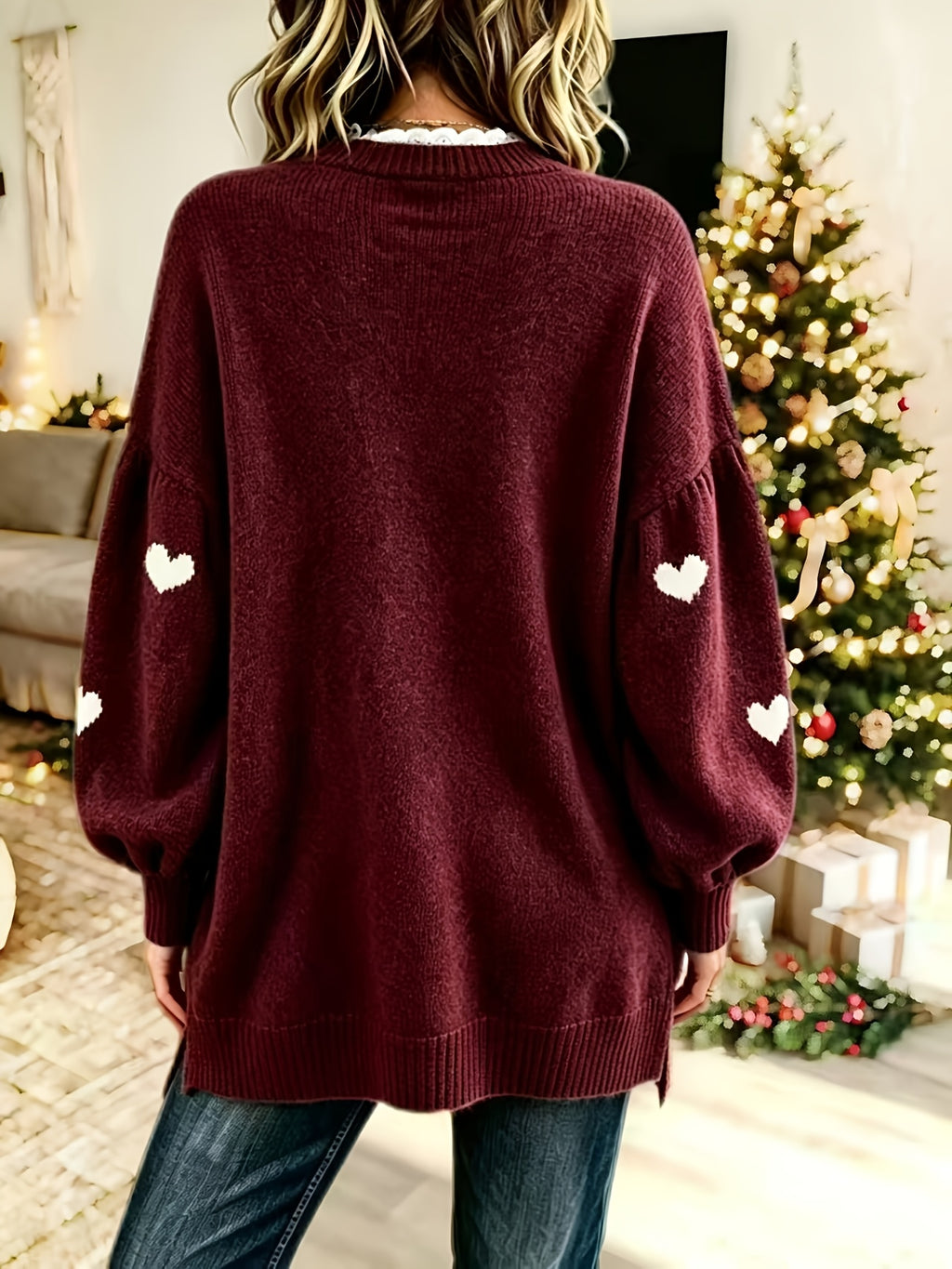 Plus Size - Women'S Elegant Lace Patchwork Sweater, Cute Heart Embroidery Women'S Sweater, Suitable for Autumn And Winter, Loose Fit Long Sweater, Suitable for Commute And Date Outfits - Deep Red