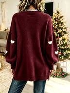 Plus Size - Women'S Elegant Lace Patchwork Sweater, Cute Heart Embroidery Women'S Sweater, Suitable for Autumn And Winter, Loose Fit Long Sweater, Suitable for Commute And Date Outfits - Deep Red