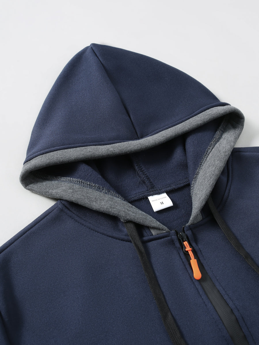 Men'S Color-Block Hooded Cardigan College Style Sweatshirt Casual Fashion Jacket Design Black Pattern Print Fleece Warm Autumn And Winter Long-Sleeved Top - Navy Color
