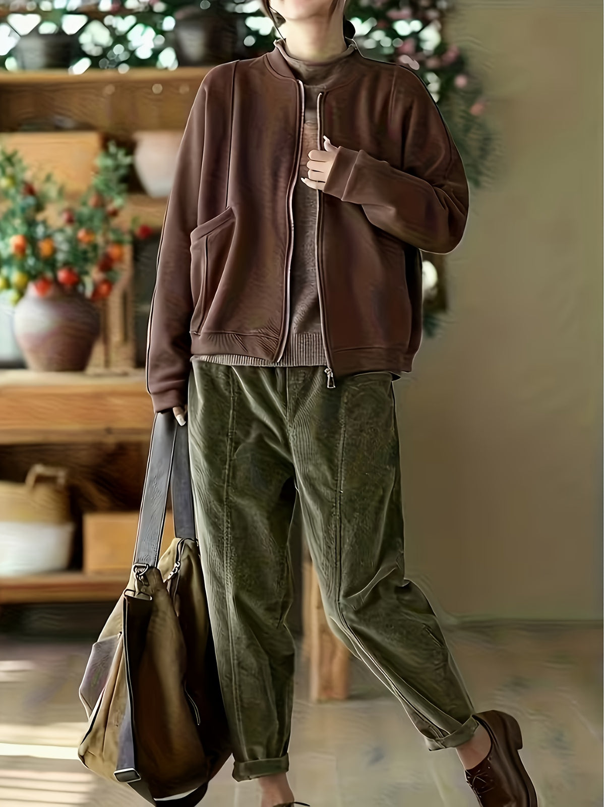 Plus Size - Plus Size - Women'S Elegant Wide-Leg Corduroy Harem Pants - Tapered Design with Pockets, All-Season Corduroy Trousers, Suitable for Casual And Formal Occasions - Olive Green