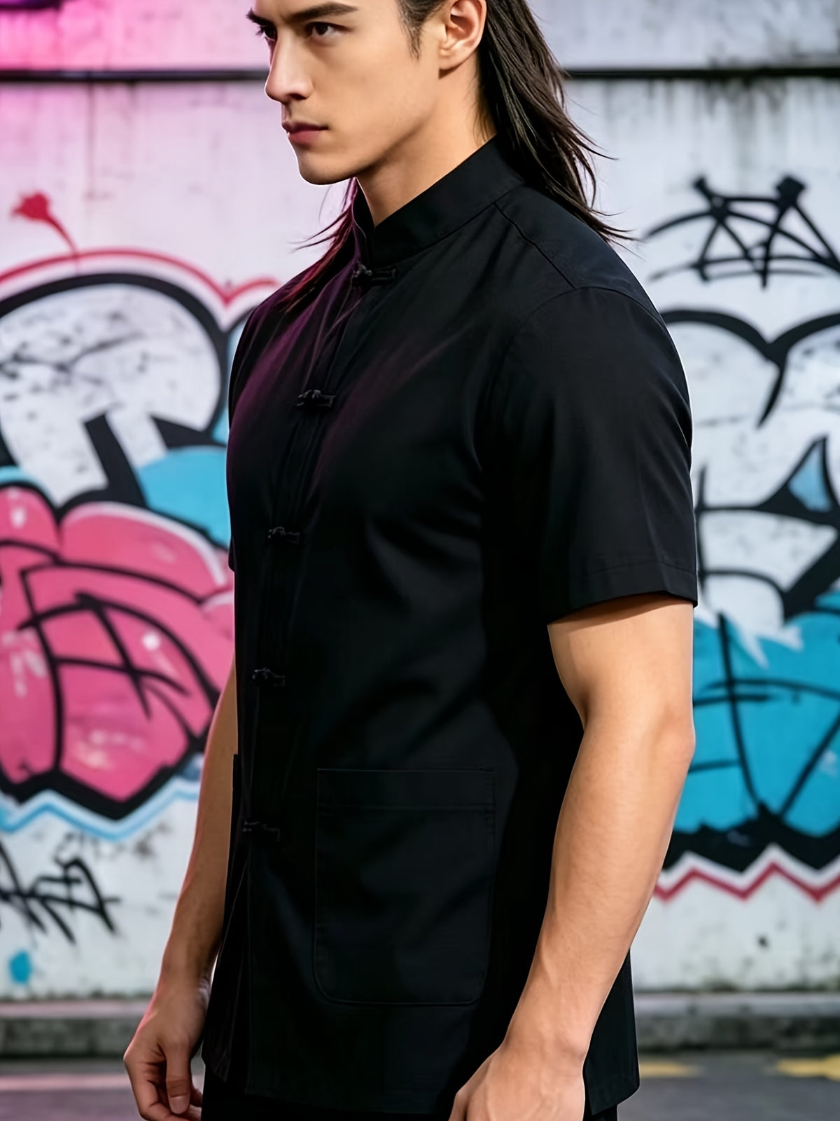 Men's Traditional Tang Suit Short Sleeve Summer Breathable Pure Cotton Chinese Mandarin Collar Top with Pockets - Black