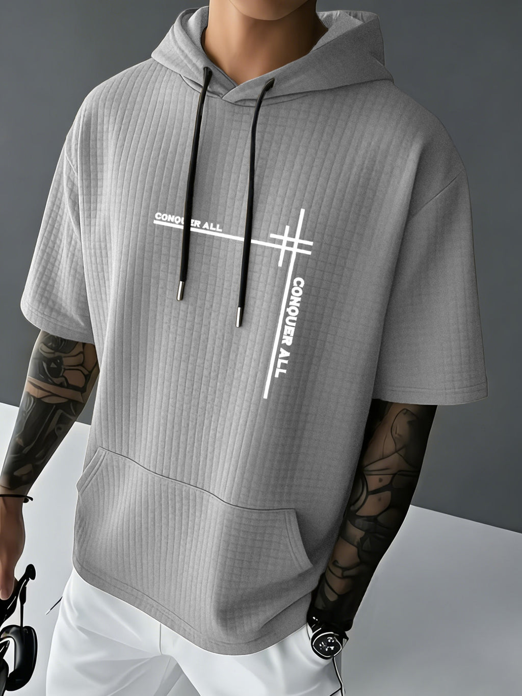 CONQUER ALL Men's Waffle Knit Short-Sleeve Hooded Sweatshirt with Comfortable Print and Drawstring, Short-Sleeve T-Shirt with Pocket, Summer Casual Fashion Men's Apparel, Suitable for Outings and Home Wear, Suitable for Daily and Formal Wear - Grey