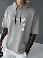 CONQUER ALL Men's Waffle Knit Short-Sleeve Hooded Sweatshirt with Comfortable Print and Drawstring, Short-Sleeve T-Shirt with Pocket, Summer Casual Fashion Men's Apparel, Suitable for Outings and Home Wear, Suitable for Daily and Formal Wear - Grey