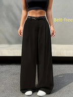 High-Waist Straight-Leg Pants - Women's Wide-Leg Trousers - Solid Color Elegant Commuter Pants, Suitable for Work and Casual Wear, All-Season, Machine Washable, Belt Not Included - Black