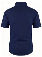 Old Money Style Men's Cuban Collar Short Sleeve Shirt, Linen Texture, Lightweight and Breathable Outdoor Casual Shirt - Navy Color