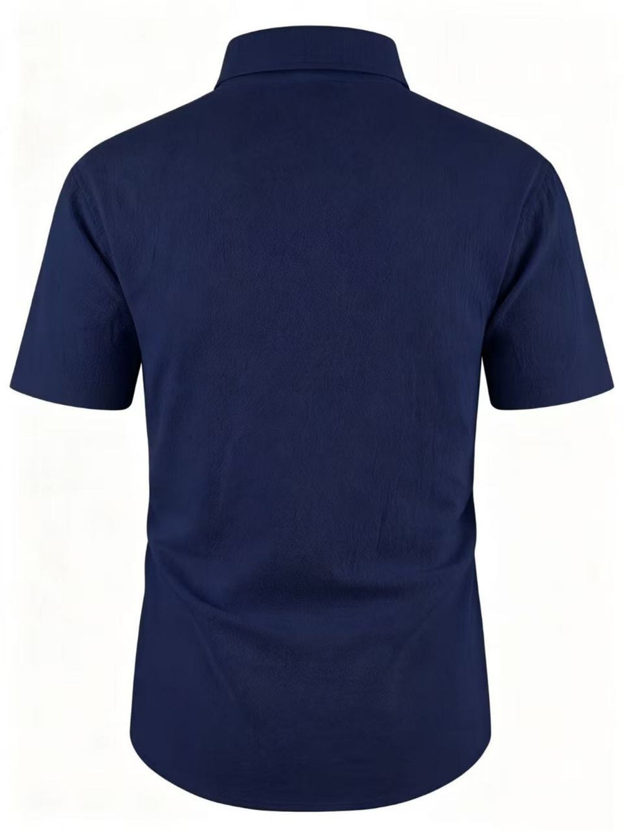 Old Money Style Men's Cuban Collar Short Sleeve Shirt, Linen Texture, Lightweight and Breathable Outdoor Casual Shirt - Navy Color