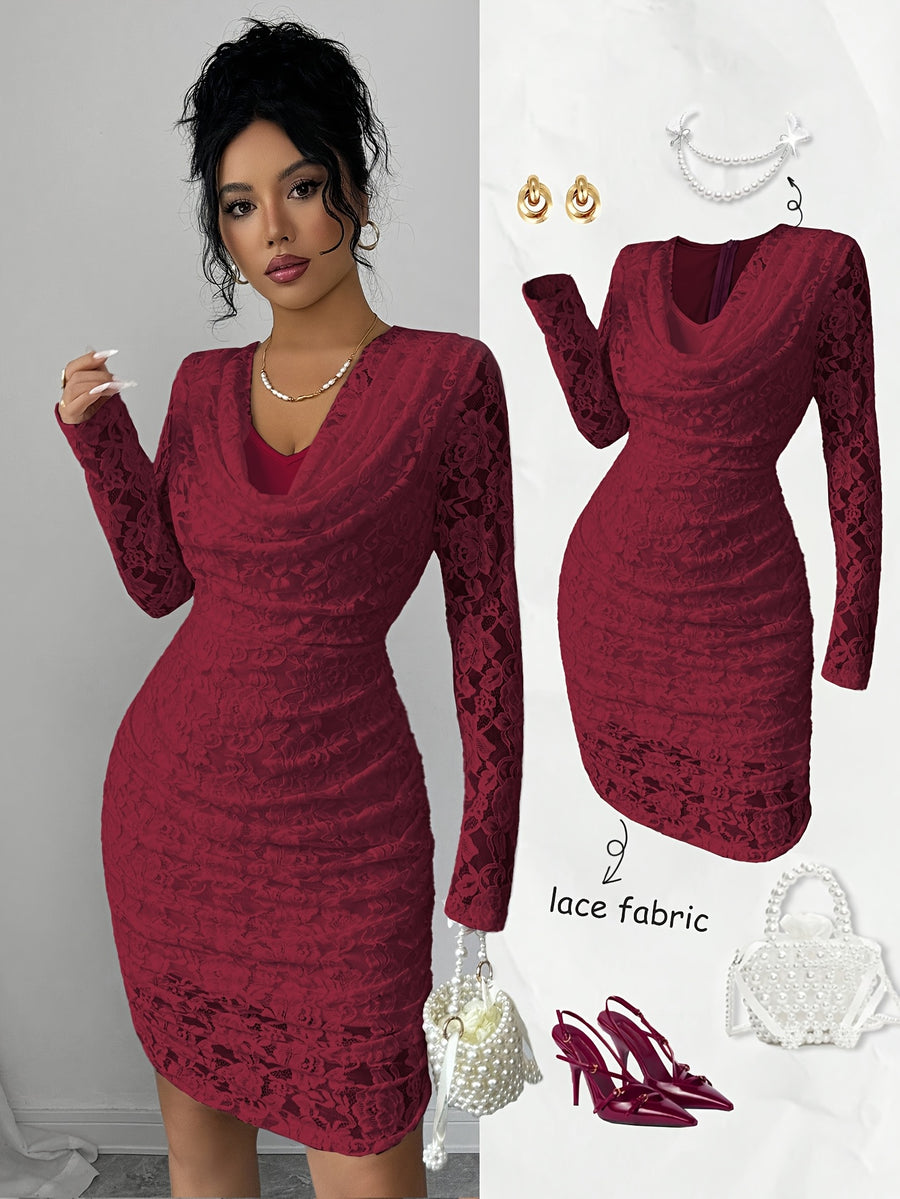 Women's Elegant Slim-Fit Mini Dress with Ruffled Collar, Ruffle Hem, and Corded Lace, Evening Gown, Bridesmaid Dress - Burgundy