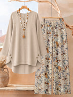 Women's Fashion Solid Color Irregular Hem Design Top with Floral Print Long Pants 2pcs Set, Casual and Versatile for Commuting - Khaki