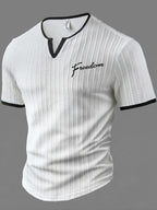Men's Fashion Top, Spring/Summer Outdoor Casual Textured Jacquard Fabric, Contrast Color V-Neck Letter Print Men's Henley Shirt - White