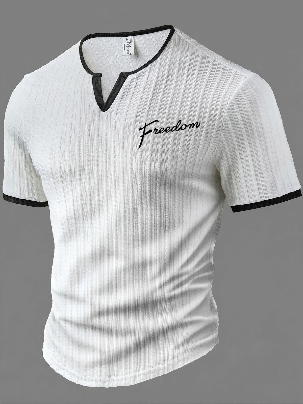 Men's Fashion Top, Spring/Summer Outdoor Casual Textured Jacquard Fabric, Contrast Color V-Neck Letter Print Men's Henley Shirt - White