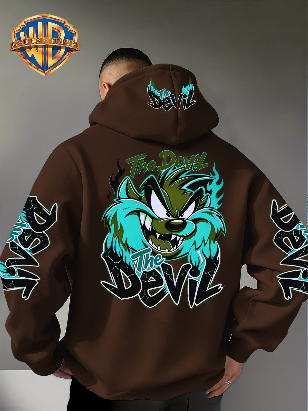 Le Yitong Big Mouth Monster The Devil Flame Print Hoodie, with Sleeve Print Design, Kangaroo Pouch And Drawstring Hood, Suitable for Autumn/Winter Casual Wear And Outdoor Activities - Coffee Color