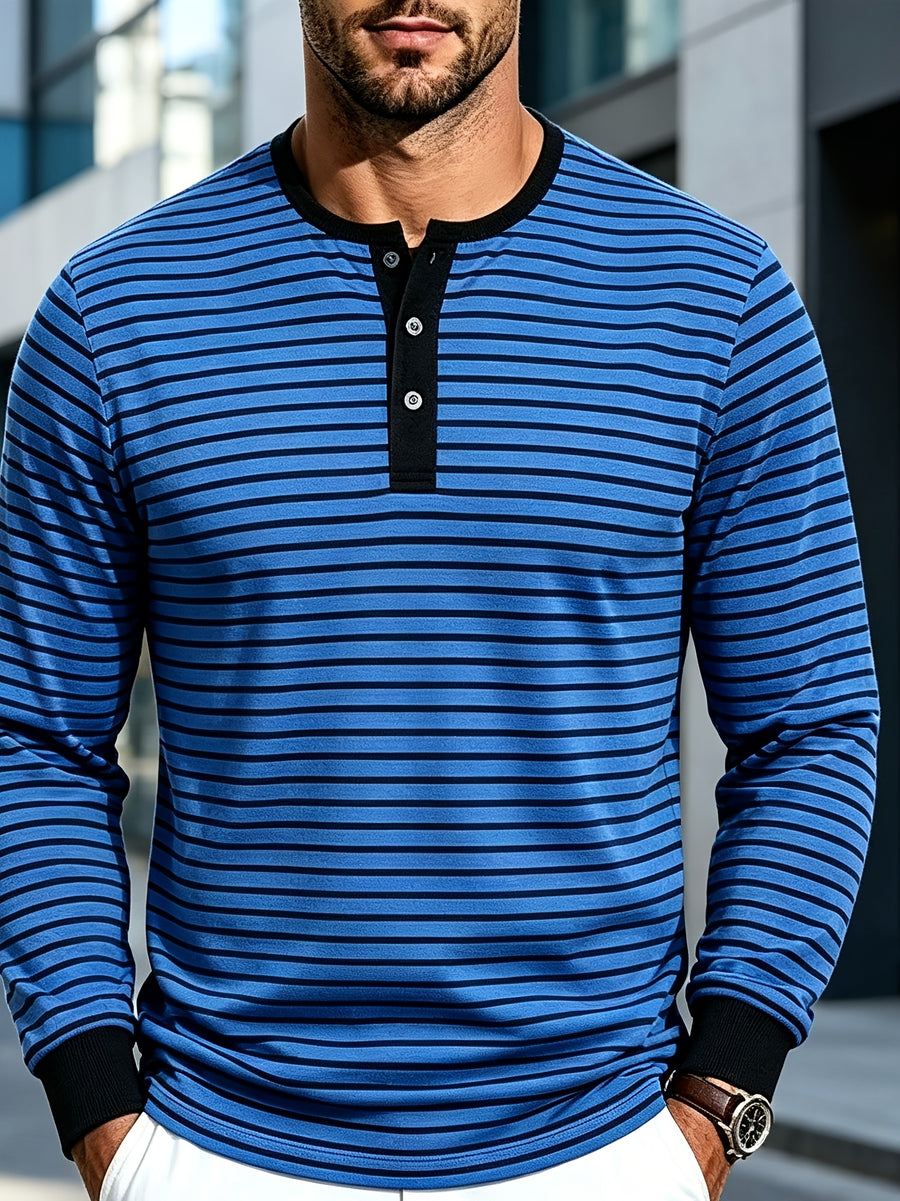 New Men's Striped Henley Neck Long Sleeve T-Shirt, Contrast Color Placket Button Casual Slim Fit Base Layer Top for Spring and Autumn - Royal Blue