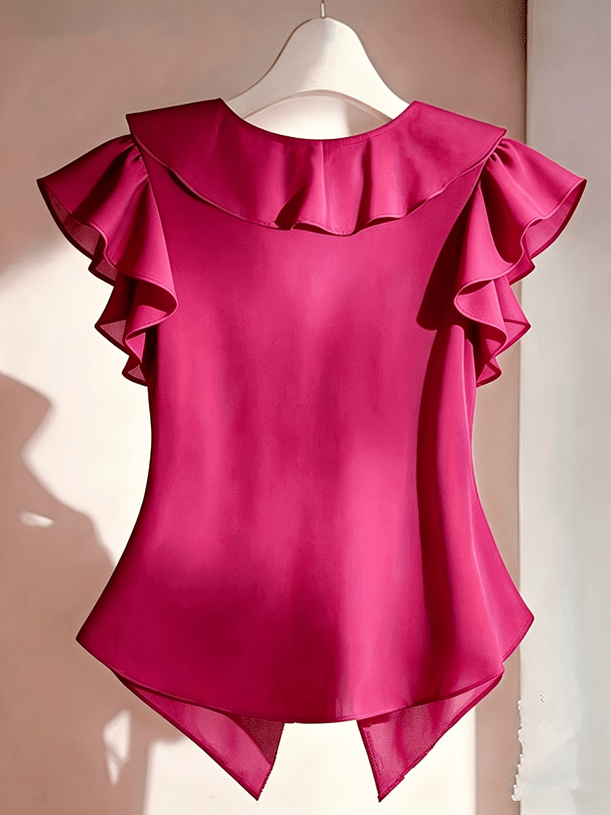 Summer French Solid Ruffled Fly Short Sleeve Shirt Chiffon Top Women'S - Rose Red