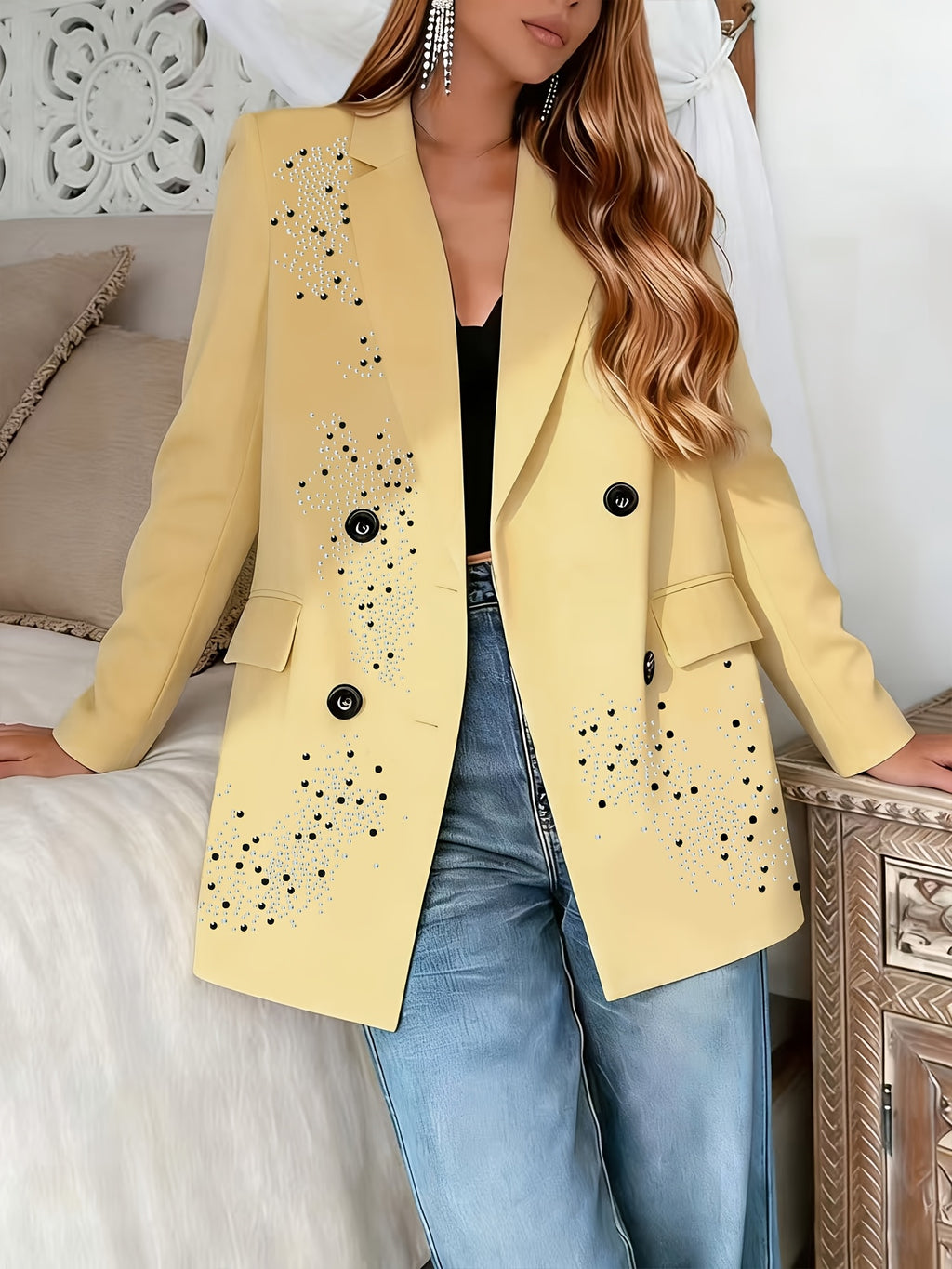 Spring/Autumn Women'S Blazer, Rhinestone Long Sleeve Suit, Double-Breasted Lapel Design, High-Quality Craftsmanship, Machine Washable, Suitable for Dates, Daily Wear, Parties, Fashionable Commuting - 【Light Yellow】