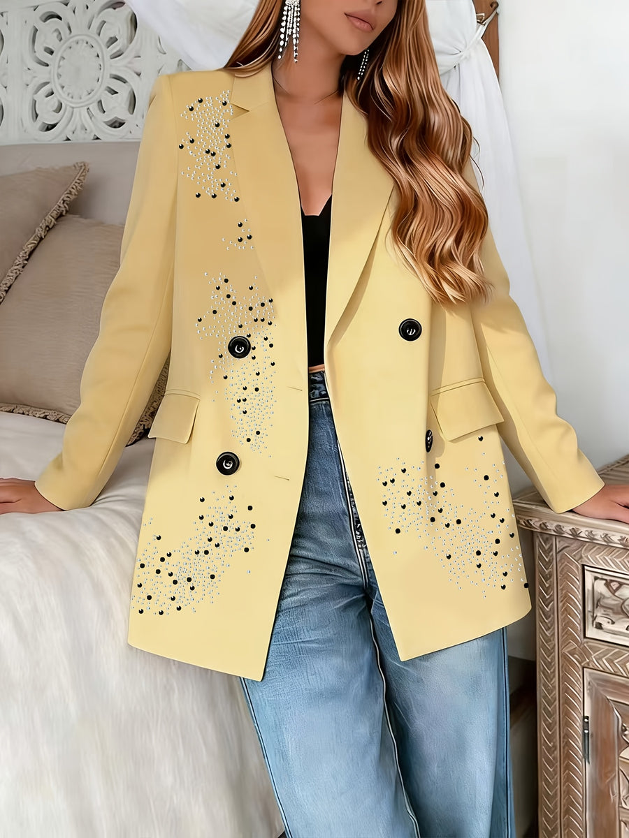 Spring/Autumn Women'S Blazer, Rhinestone Long Sleeve Suit, Double-Breasted Lapel Design, High-Quality Craftsmanship, Machine Washable, Suitable for Dates, Daily Wear, Parties, Fashionable Commuting - 【Light Yellow】