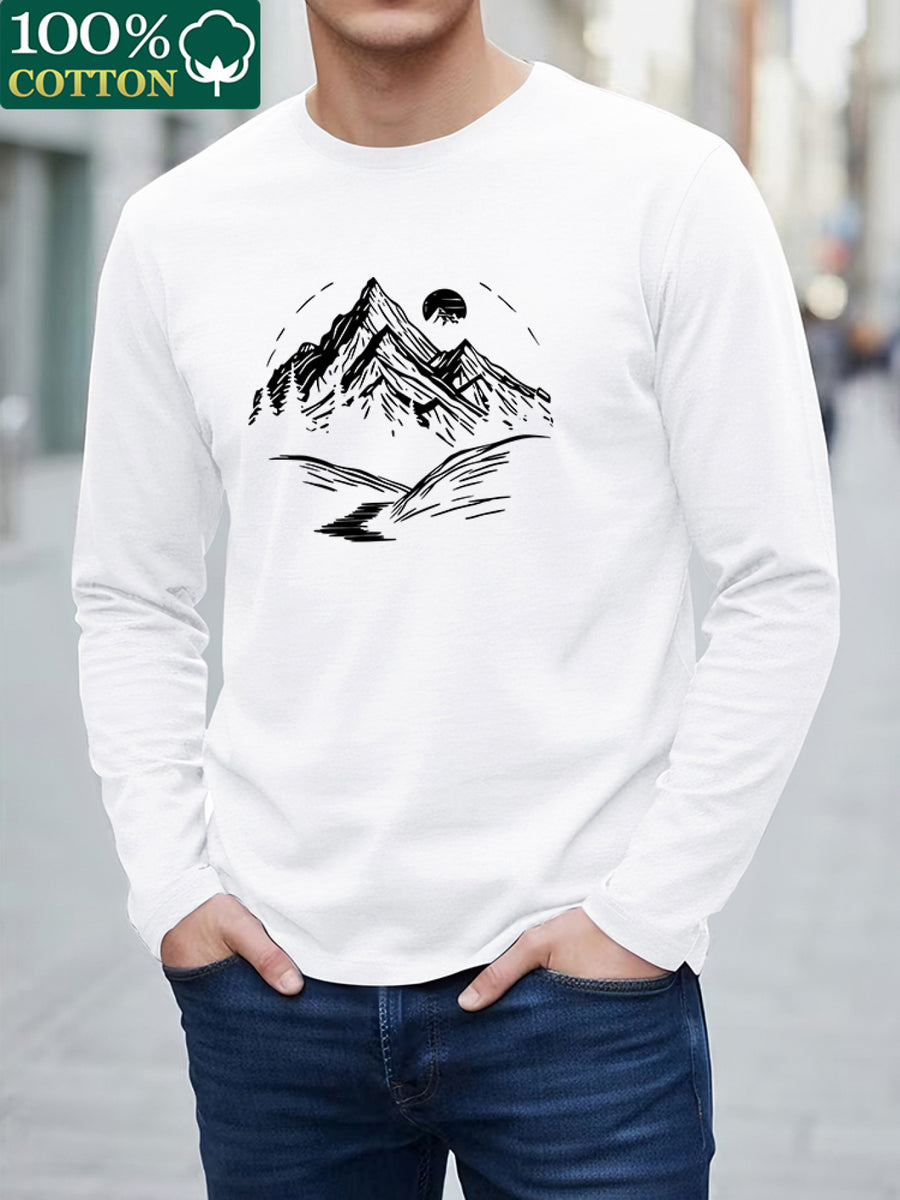 100% Cotton Men's Long-sleeve T-shirt, Pure Cotton Base Layer, Mountain Print Pattern, Suitable for All Seasons, Machine Washable - White